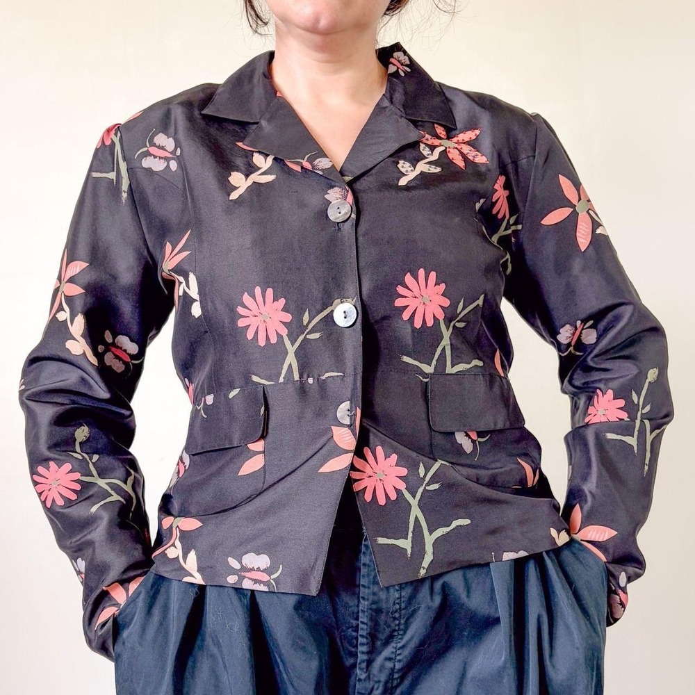 Silk Blazer Vintage Inspired Black Silk Peachy Pink Floral Beaded Jacket